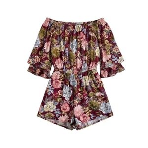 TOXIK Women Burgundy Floral Off Shoulder Ruffle Sleeve Romper Medium Boho Pocket